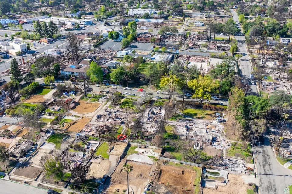 Aerial view of homes and businesses destroyed by Altadena wildfire.
